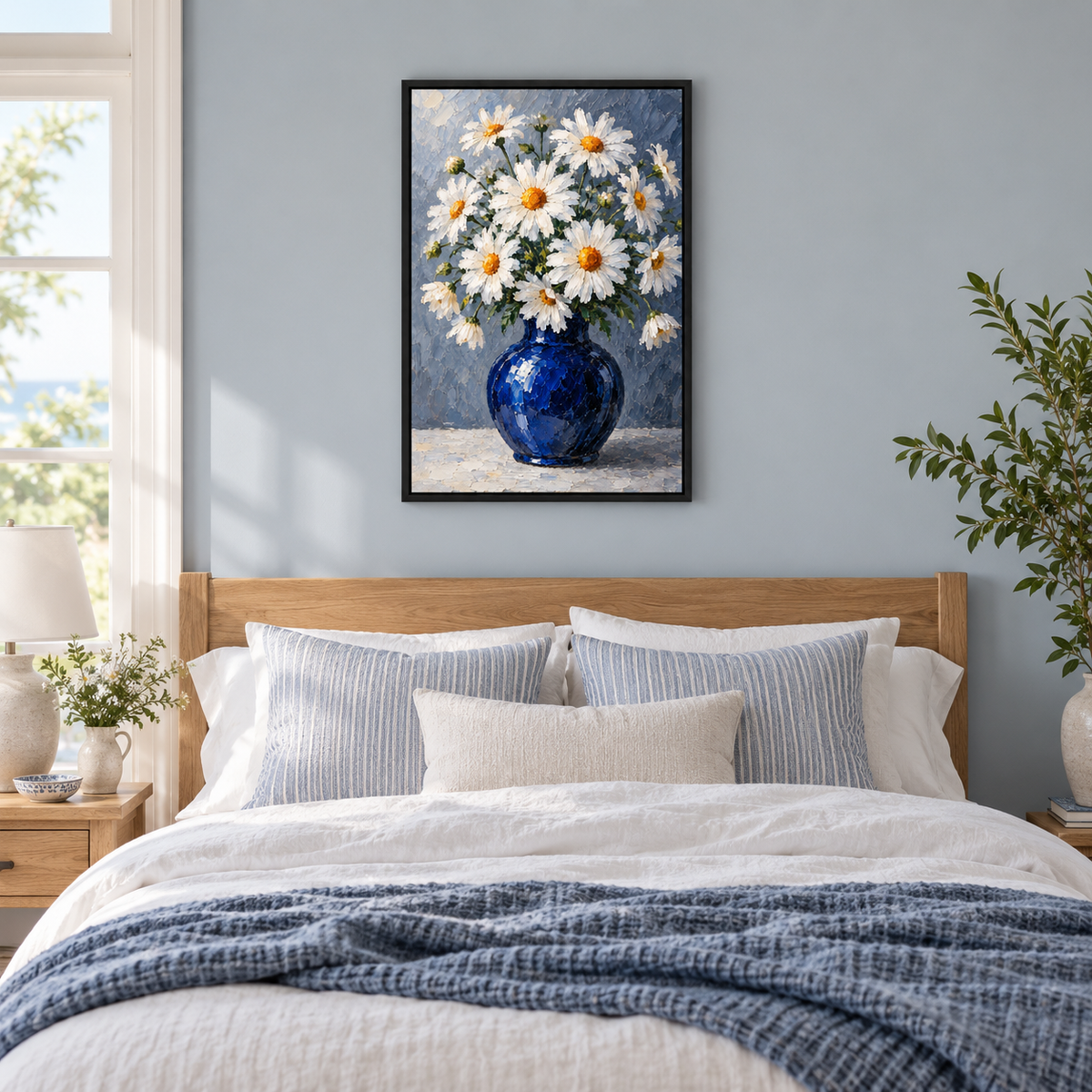 White Daisies in Cobalt Blue Vase — Black Frame room scene | AUSJOJO