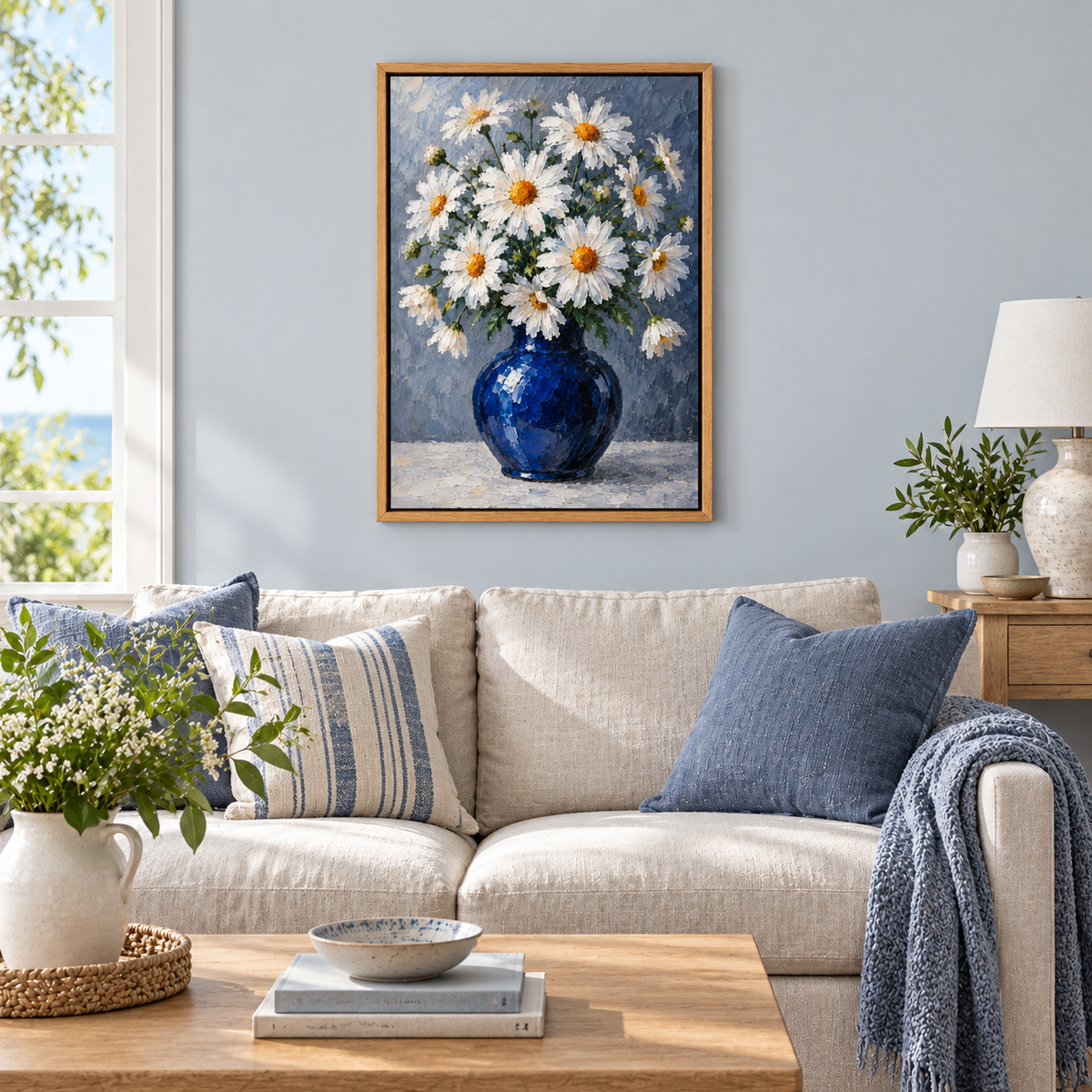 White Daisies in Cobalt Blue Vase — Brown Frame room scene | AUSJOJO