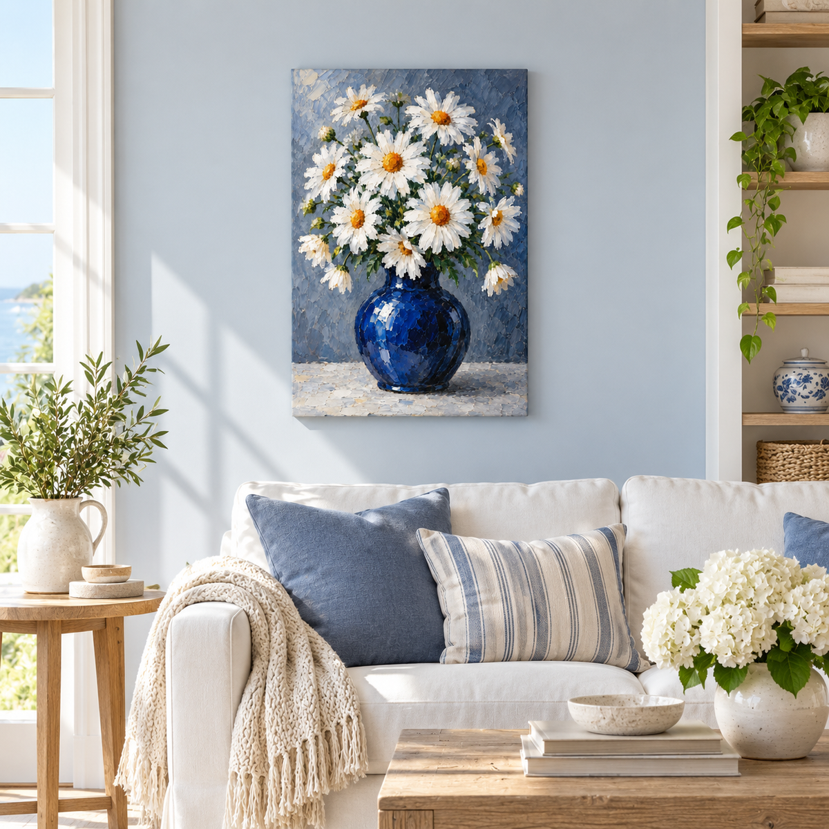 White Daisies in Cobalt Blue Vase — Stretched Canvas room scene | AUSJOJO