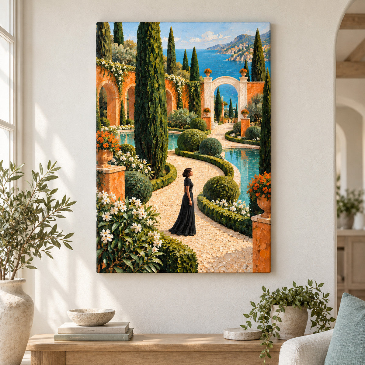 Mediterranean Garden Woman — Black Frame wall scene | AUSJOJO