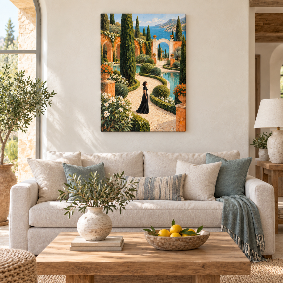 Mediterranean Garden Woman — Stretched Canvas room scene | AUSJOJO