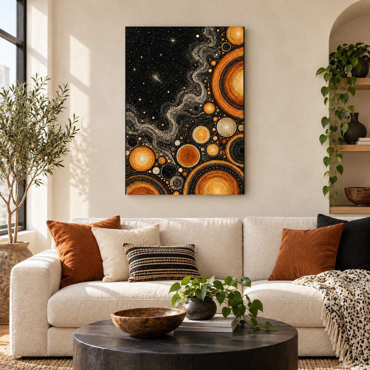 Orange Celestial Discs Cosmic — Brown Frame room scene | AUSJOJO