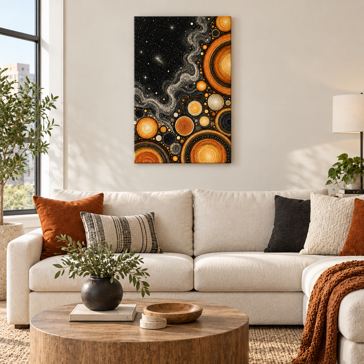 Orange Celestial Discs Cosmic — Stretched Canvas room scene | AUSJOJO