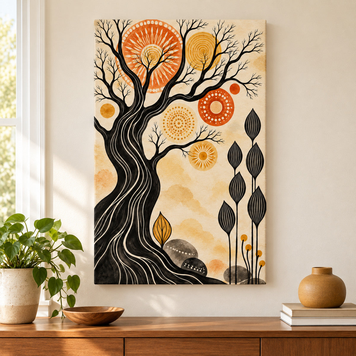 Black Tree and Sunburst Folk — Black Frame wall scene | AUSJOJO