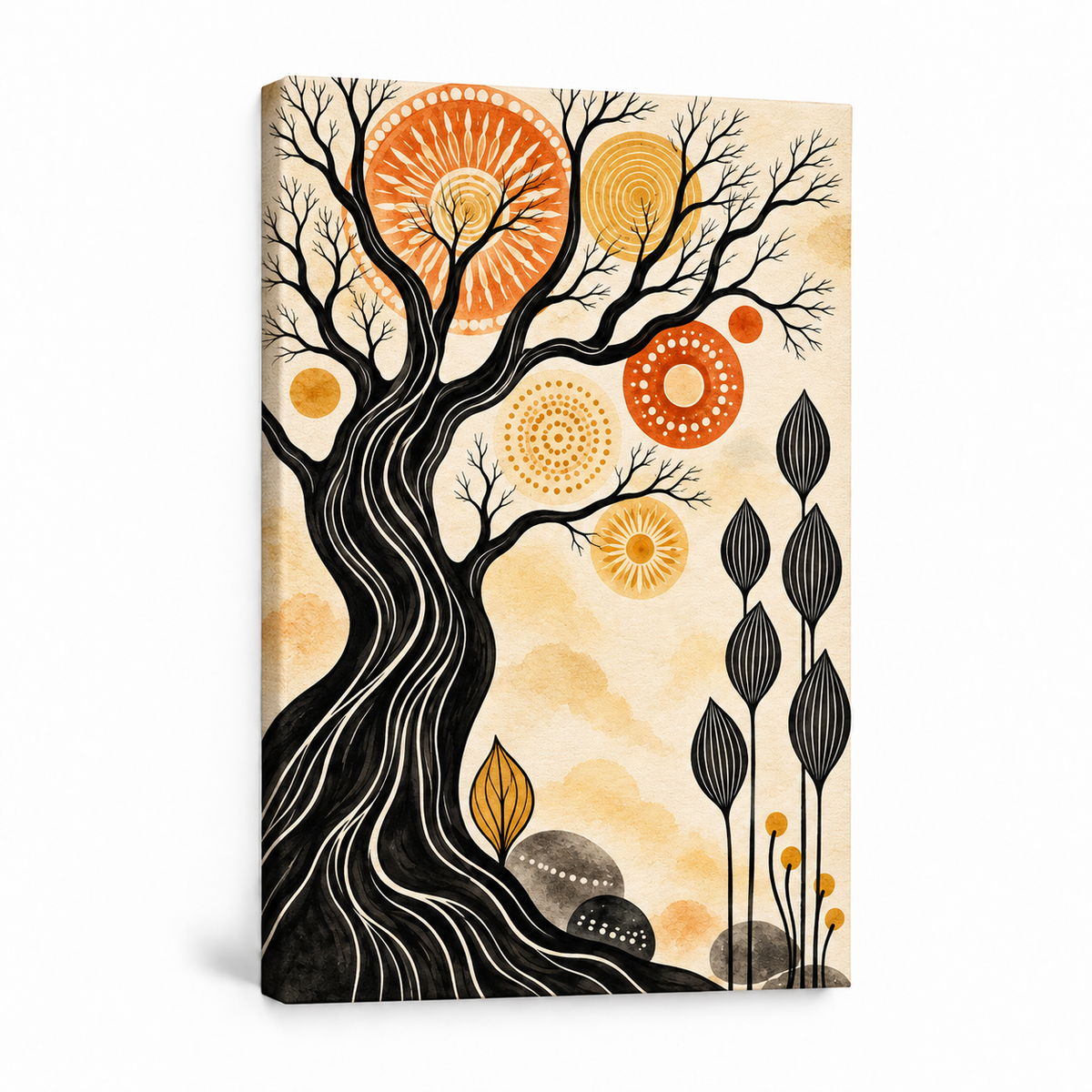 Black Tree and Sunburst Folk — Stretched Canvas product view | AUSJOJO