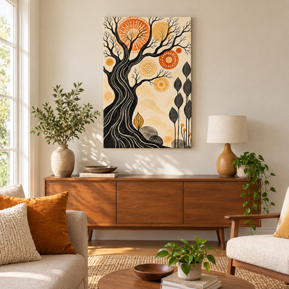 Black Tree and Sunburst Folk — Black Frame room scene | AUSJOJO
