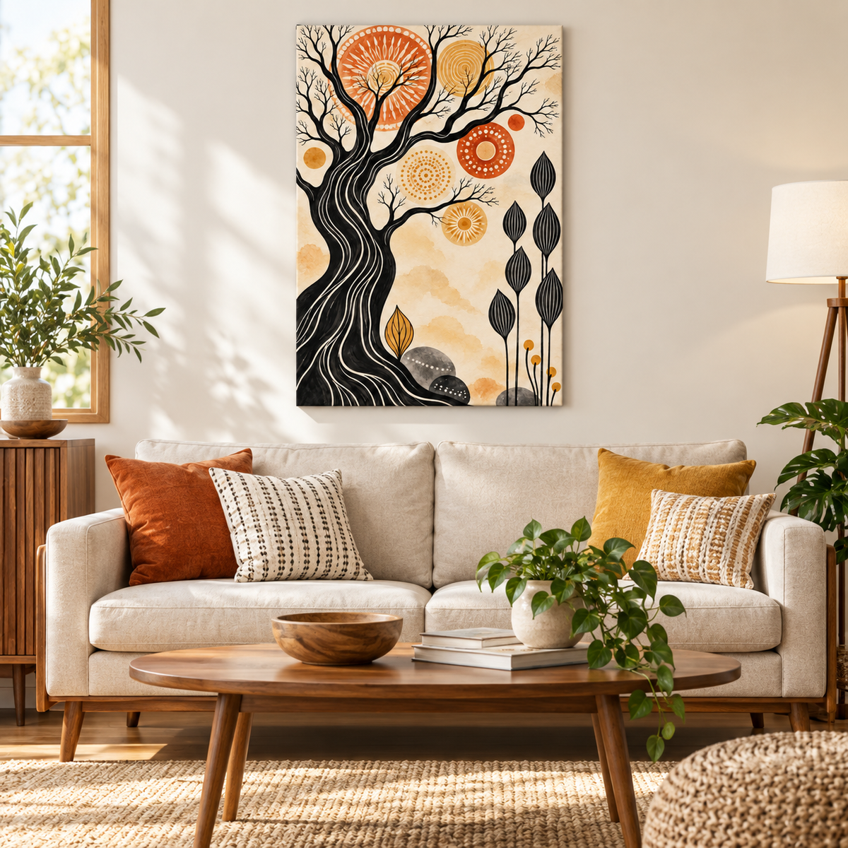 Black Tree and Sunburst Folk — Brown Frame room scene | AUSJOJO