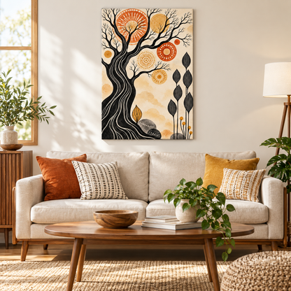 Black Tree and Sunburst Folk — Brown Frame room scene | AUSJOJO