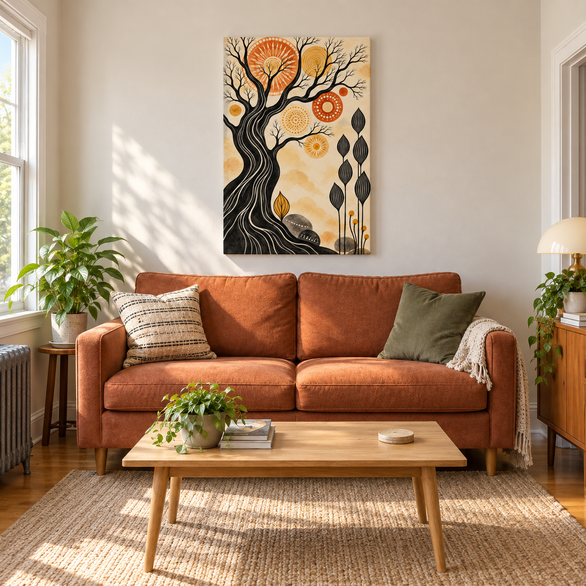 Black Tree and Sunburst Folk — Stretched Canvas room scene | AUSJOJO