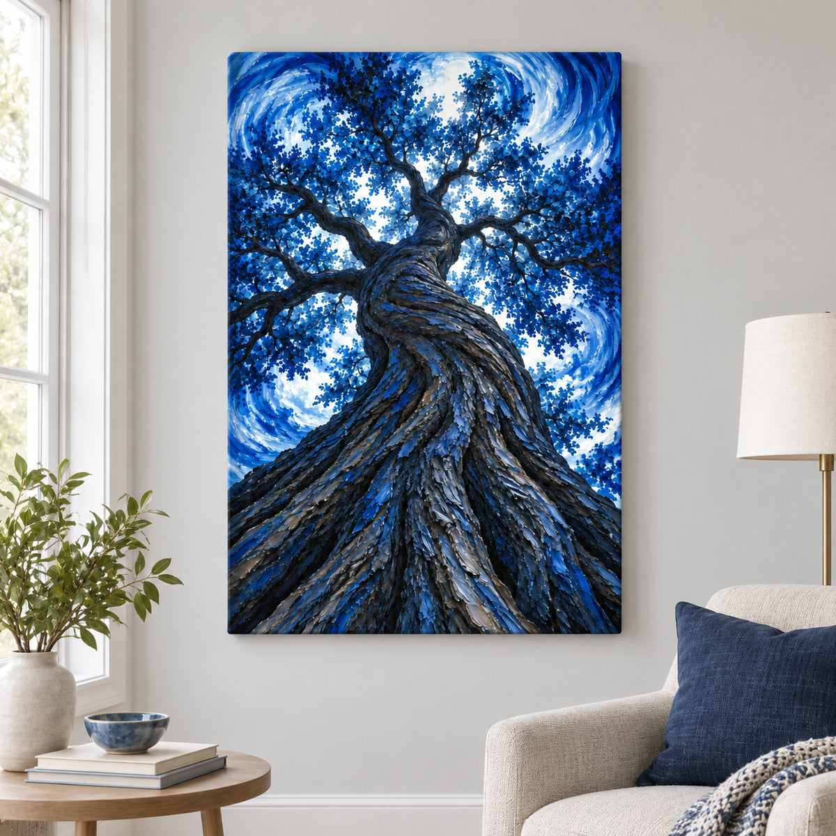 Blue Twisting Tree Upward View — Black Frame wall scene | AUSJOJO