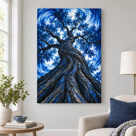 Blue Twisting Tree Upward View — Black Frame wall scene | AUSJOJO