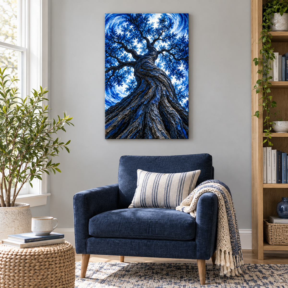 Blue Twisting Tree Upward View — Black Frame room scene | AUSJOJO