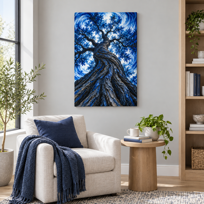 Blue Twisting Tree Upward View — Stretched Canvas room scene | AUSJOJO