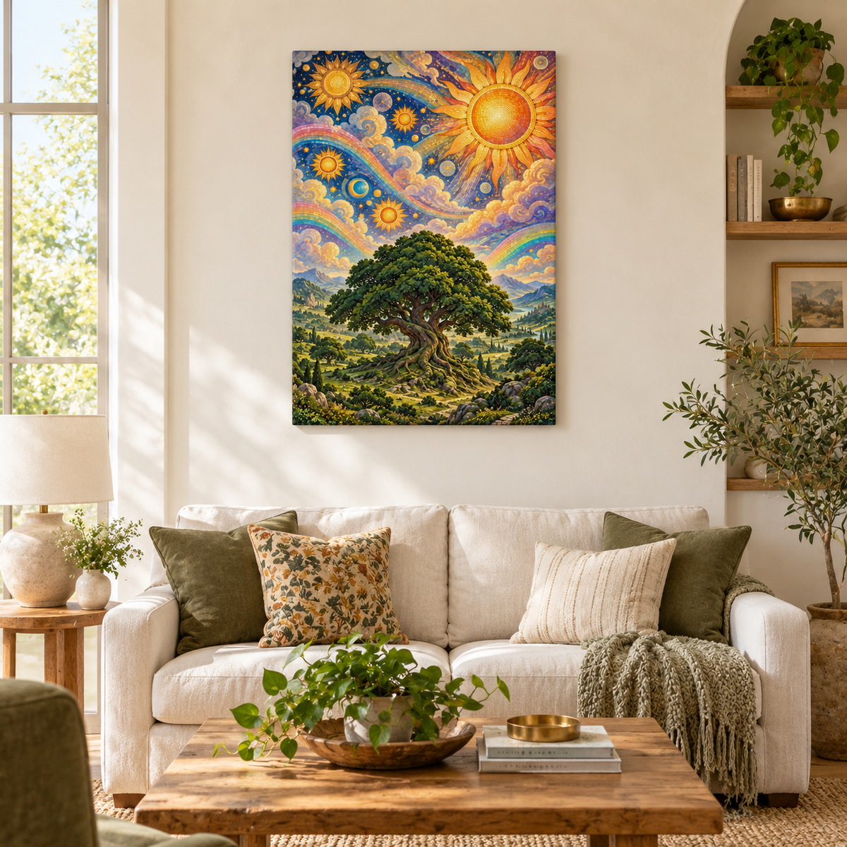 Solar Mosaic Tree Landscape — Stretched Canvas room scene | AUSJOJO