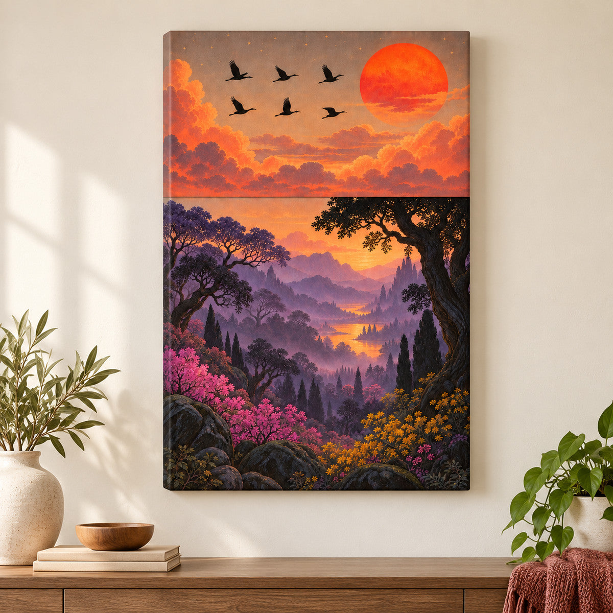 Six Birds Sunset Forest — Black Frame wall scene | AUSJOJO