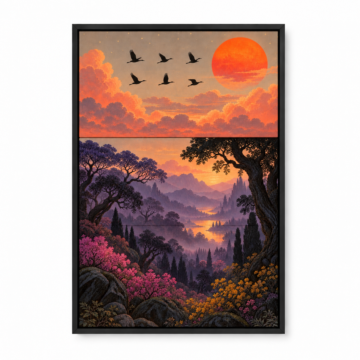 Six Birds Sunset Forest — Black Frame finish product view | AUSJOJO