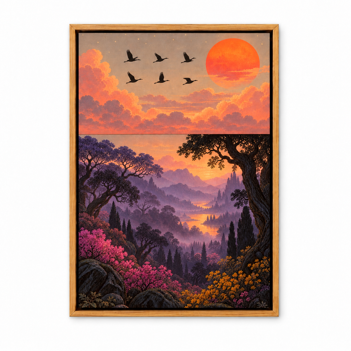 Six Birds Sunset Forest — Brown Frame finish product view | AUSJOJO