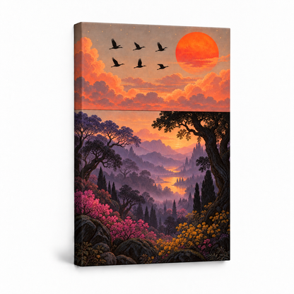 Six Birds Sunset Forest — Stretched Canvas product view | AUSJOJO