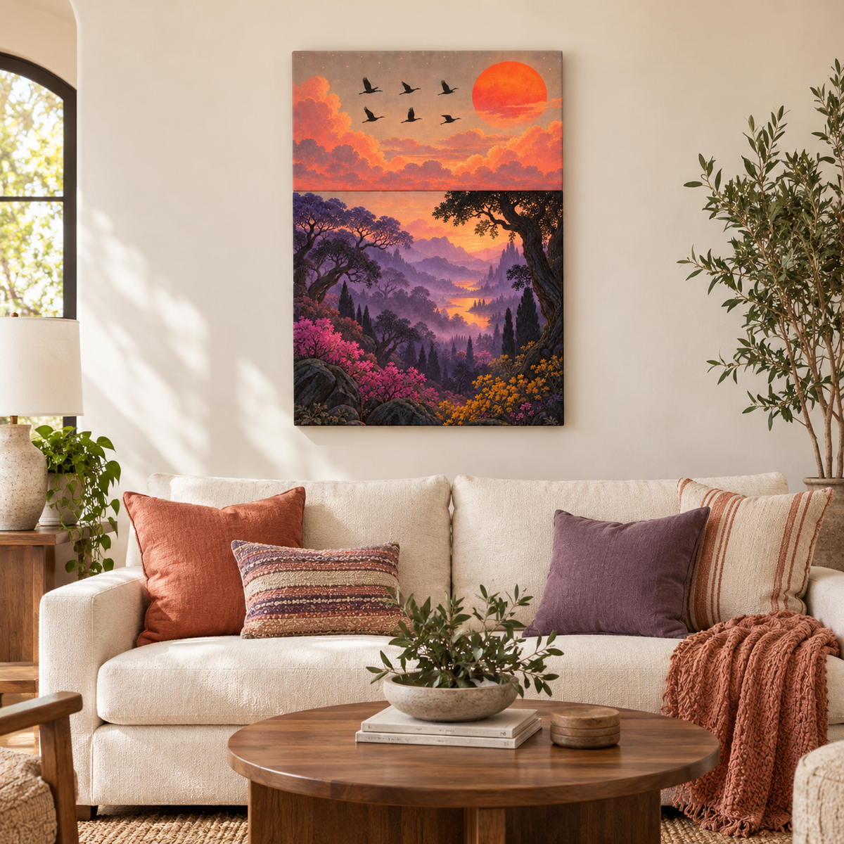 Six Birds Sunset Forest — Brown Frame room scene | AUSJOJO