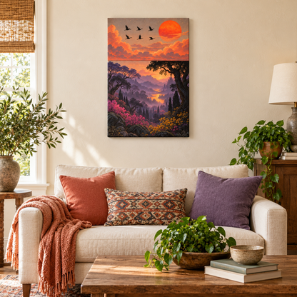 Six Birds Sunset Forest — Stretched Canvas room scene | AUSJOJO