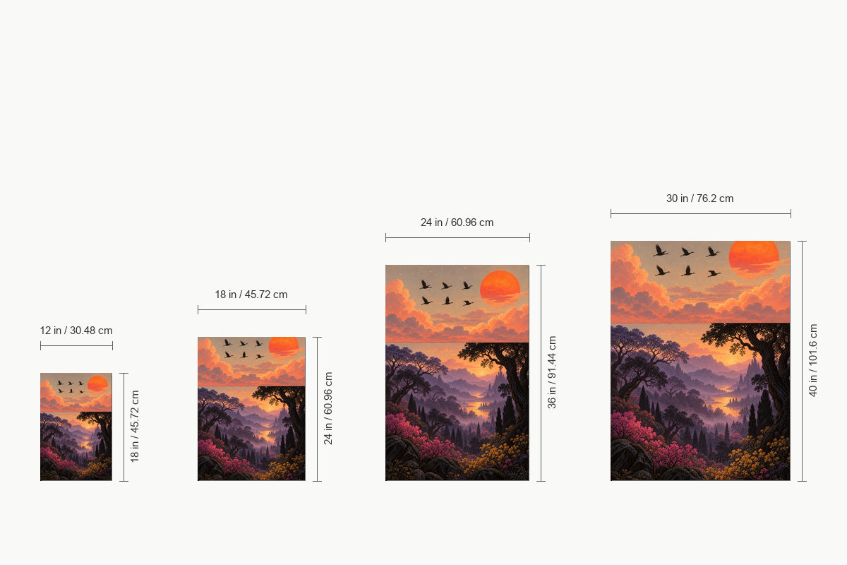 Six Birds Sunset Forest — size comparison guide | AUSJOJO