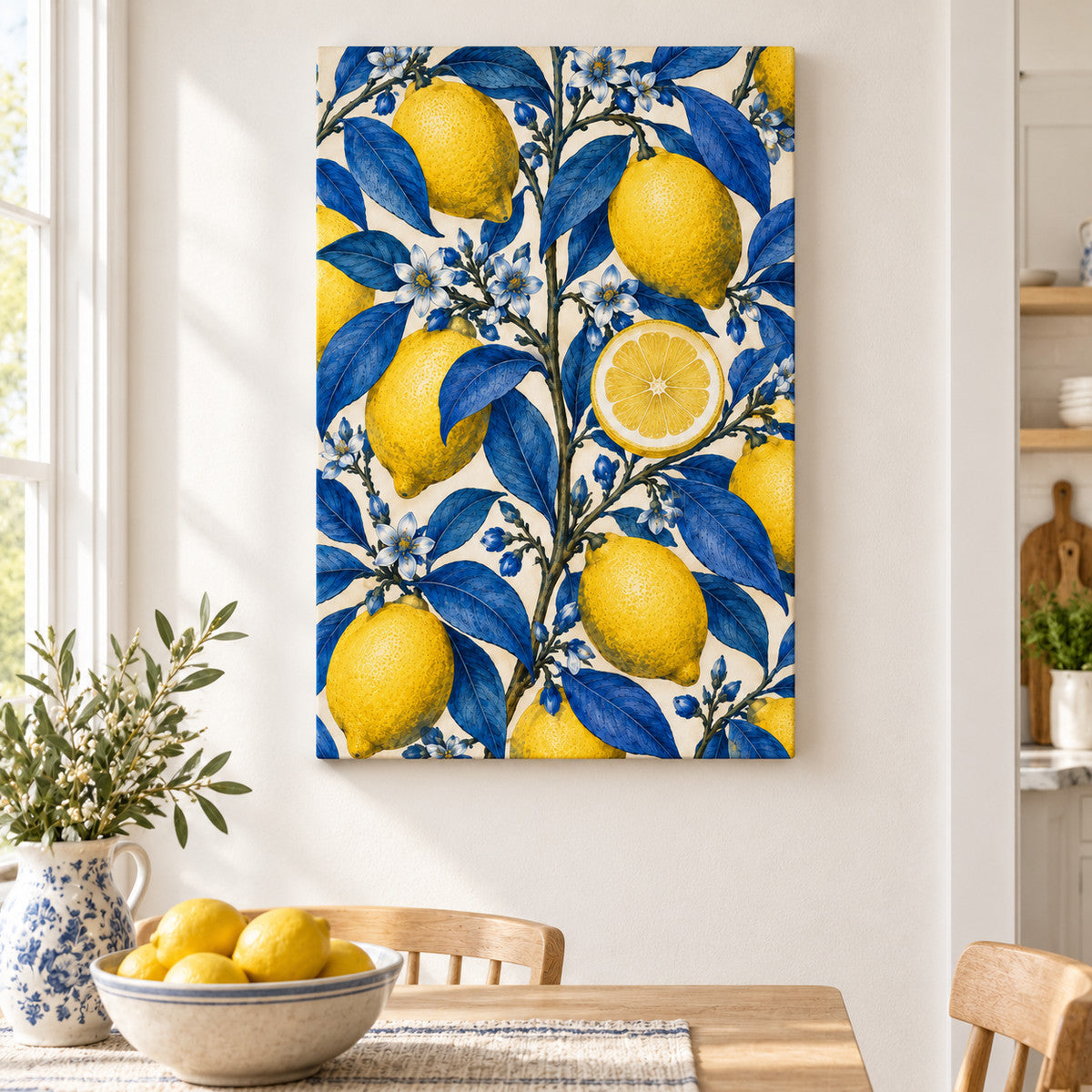 Yellow Lemons and Cobalt Leaves — Black Frame wall scene | AUSJOJO
