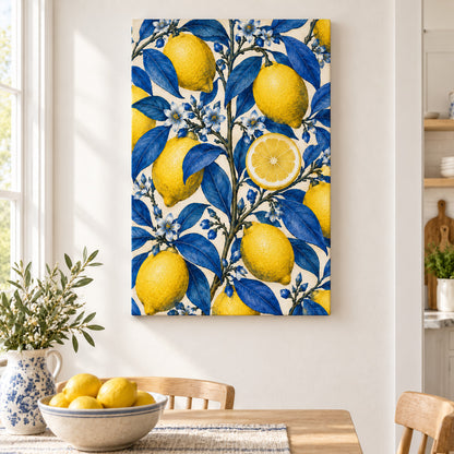 Yellow Lemons and Cobalt Leaves — Black Frame wall scene | AUSJOJO