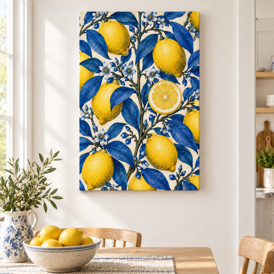 Yellow Lemons and Cobalt Leaves — Black Frame wall scene | AUSJOJO