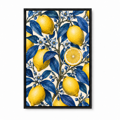 Yellow Lemons and Cobalt Leaves — Black Frame finish product view | AUSJOJO