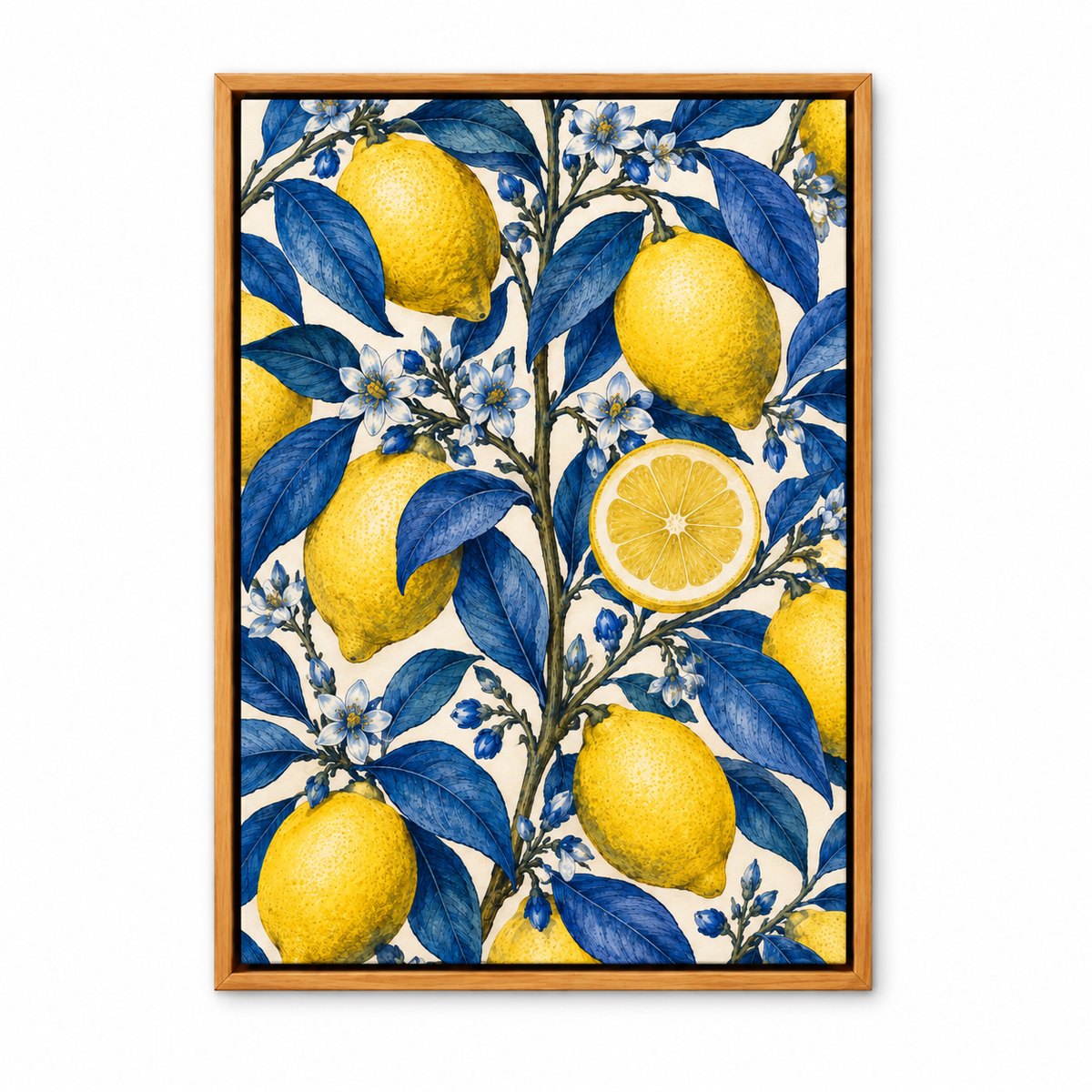 Yellow Lemons and Cobalt Leaves — Brown Frame finish product view | AUSJOJO