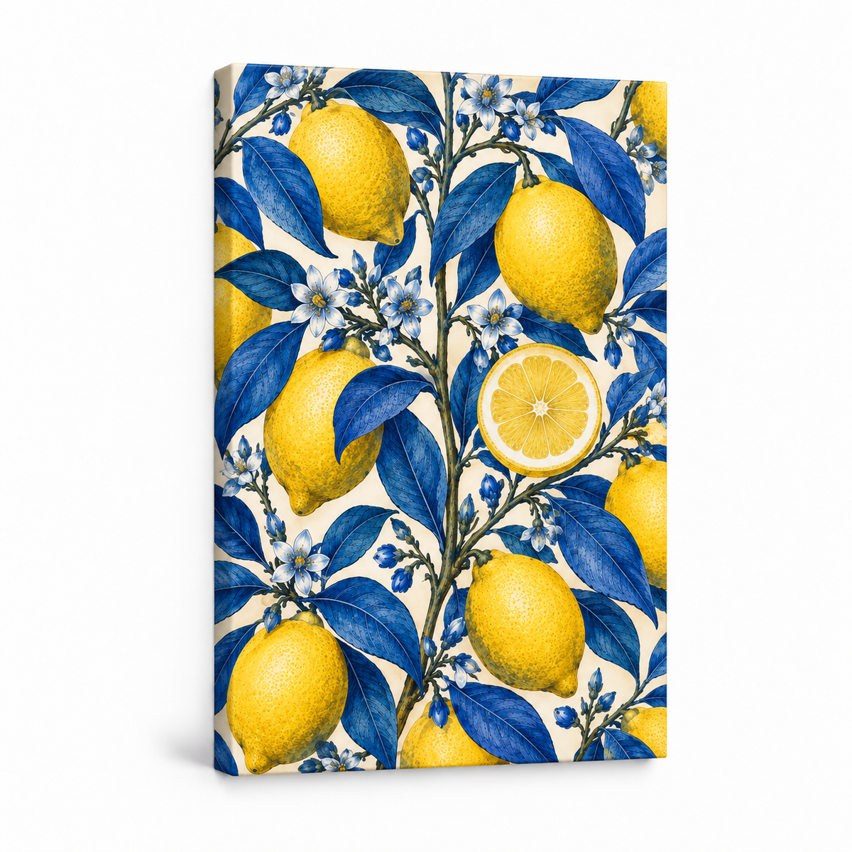 Yellow Lemons and Cobalt Leaves — Stretched Canvas product view | AUSJOJO