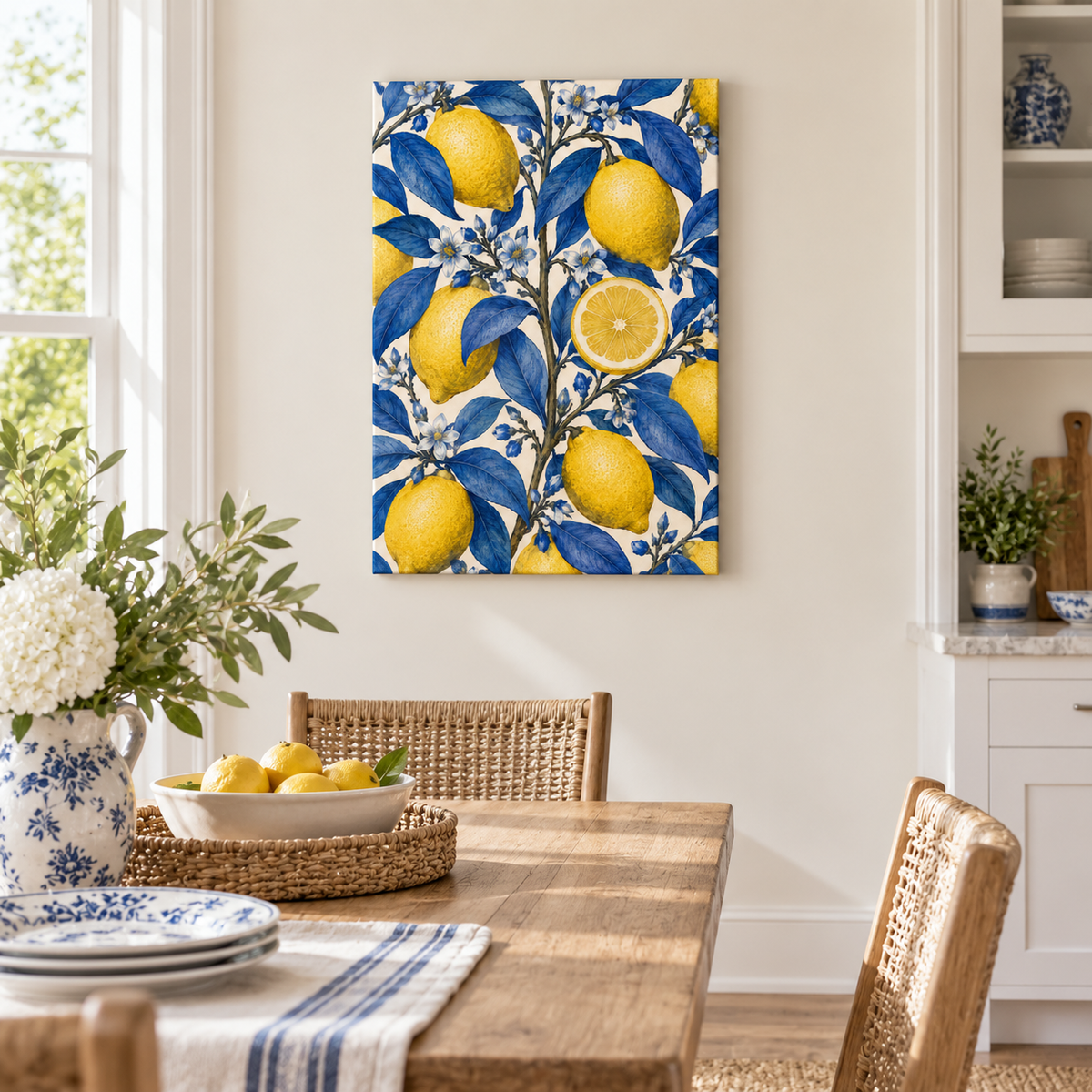 Yellow Lemons and Cobalt Leaves — Brown Frame room scene | AUSJOJO