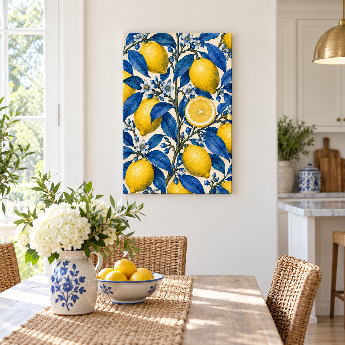 Yellow Lemons and Cobalt Leaves — Stretched Canvas room scene | AUSJOJO