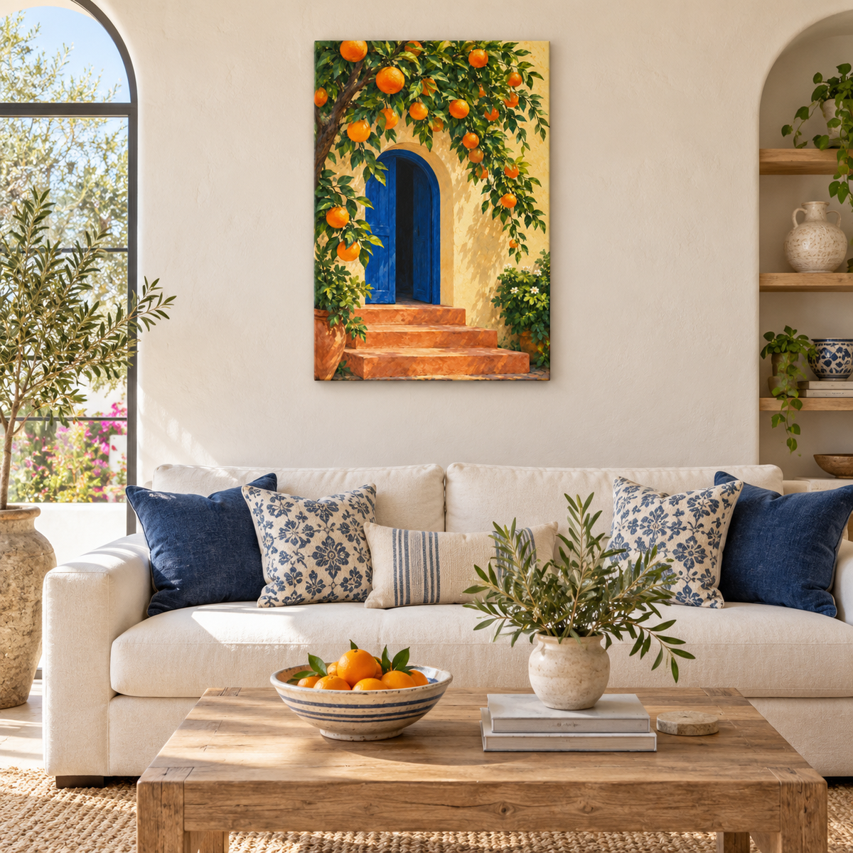 Orange Tree and Blue Archway — Stretched Canvas room scene | AUSJOJO