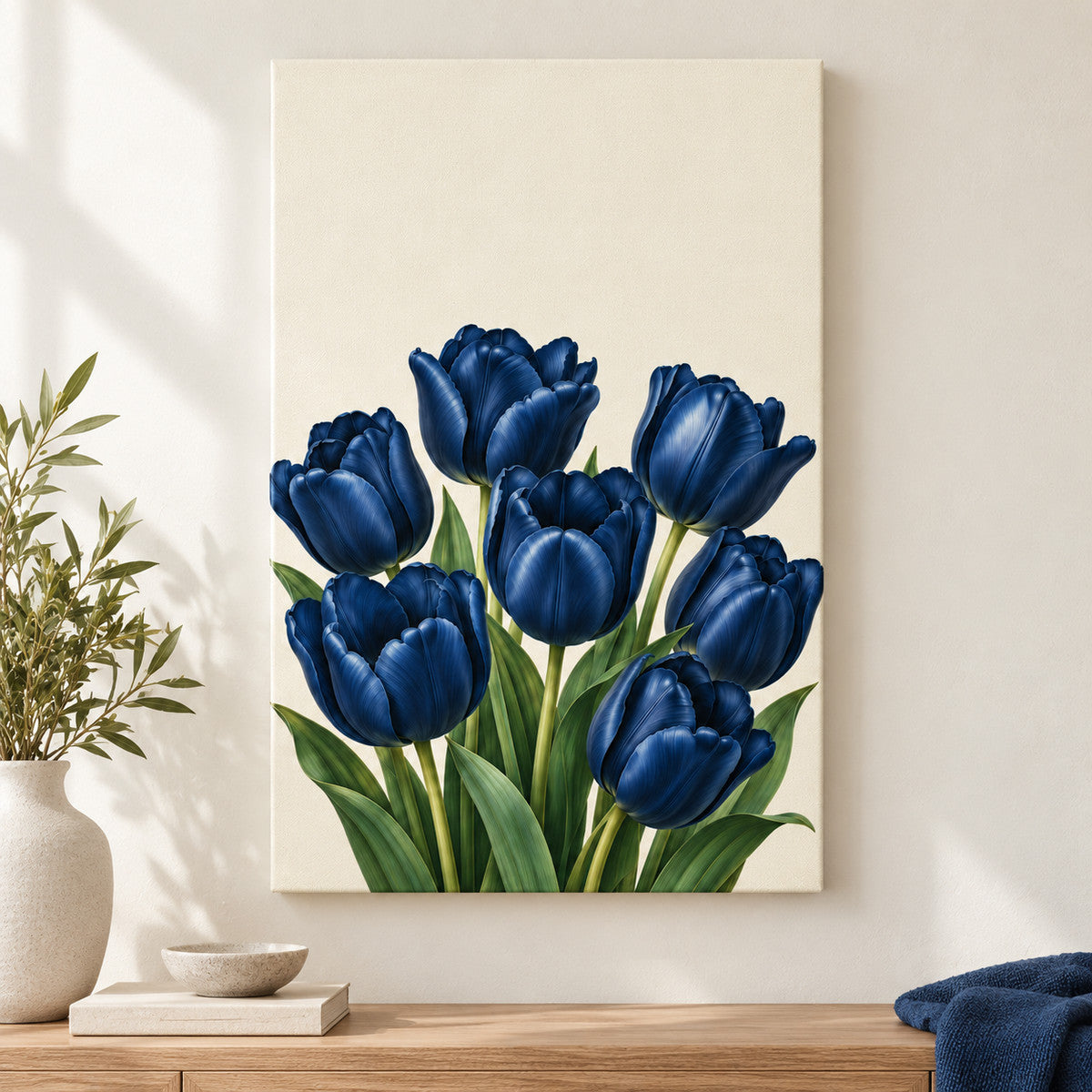 Deep Blue Tulip Bouquet — Black Frame wall scene | AUSJOJO