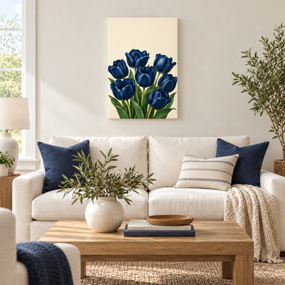 Deep Blue Tulip Bouquet — Stretched Canvas room scene | AUSJOJO