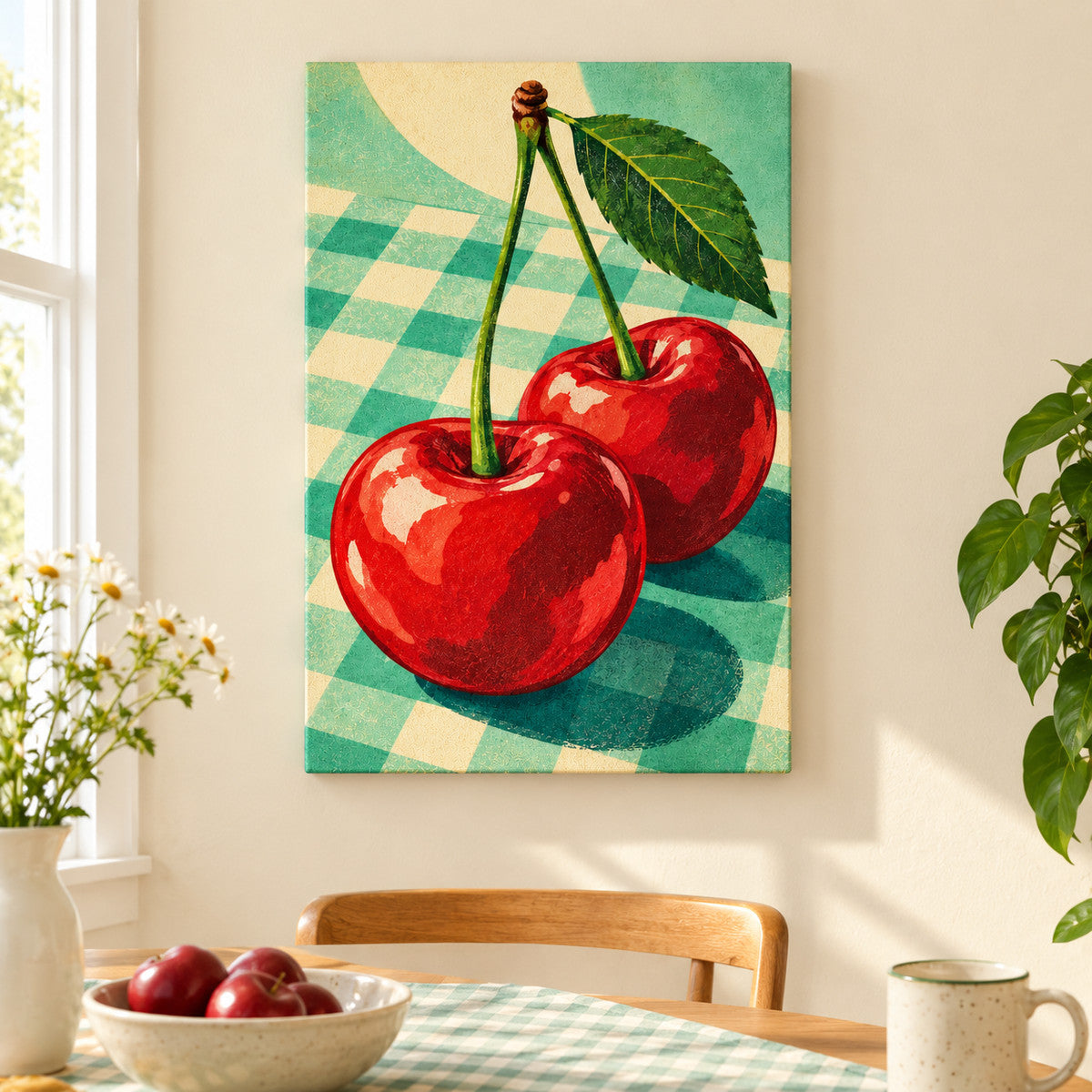 Two Red Cherries on Checkerboard — Black Frame wall scene | AUSJOJO