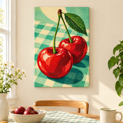 Two Red Cherries on Checkerboard — Black Frame wall scene | AUSJOJO