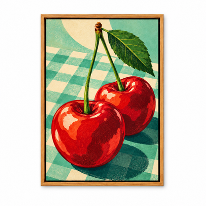 Two Red Cherries on Checkerboard — Brown Frame finish product view | AUSJOJO