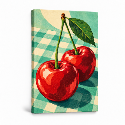 Two Red Cherries on Checkerboard — Stretched Canvas product view | AUSJOJO