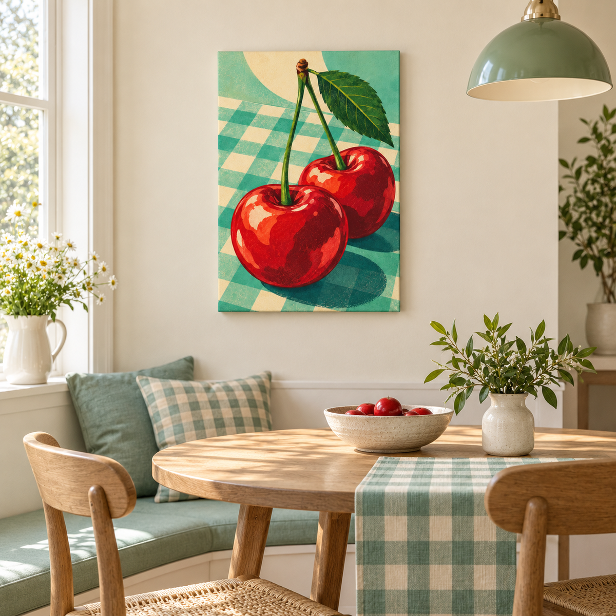Two Red Cherries on Checkerboard — Black Frame room scene | AUSJOJO