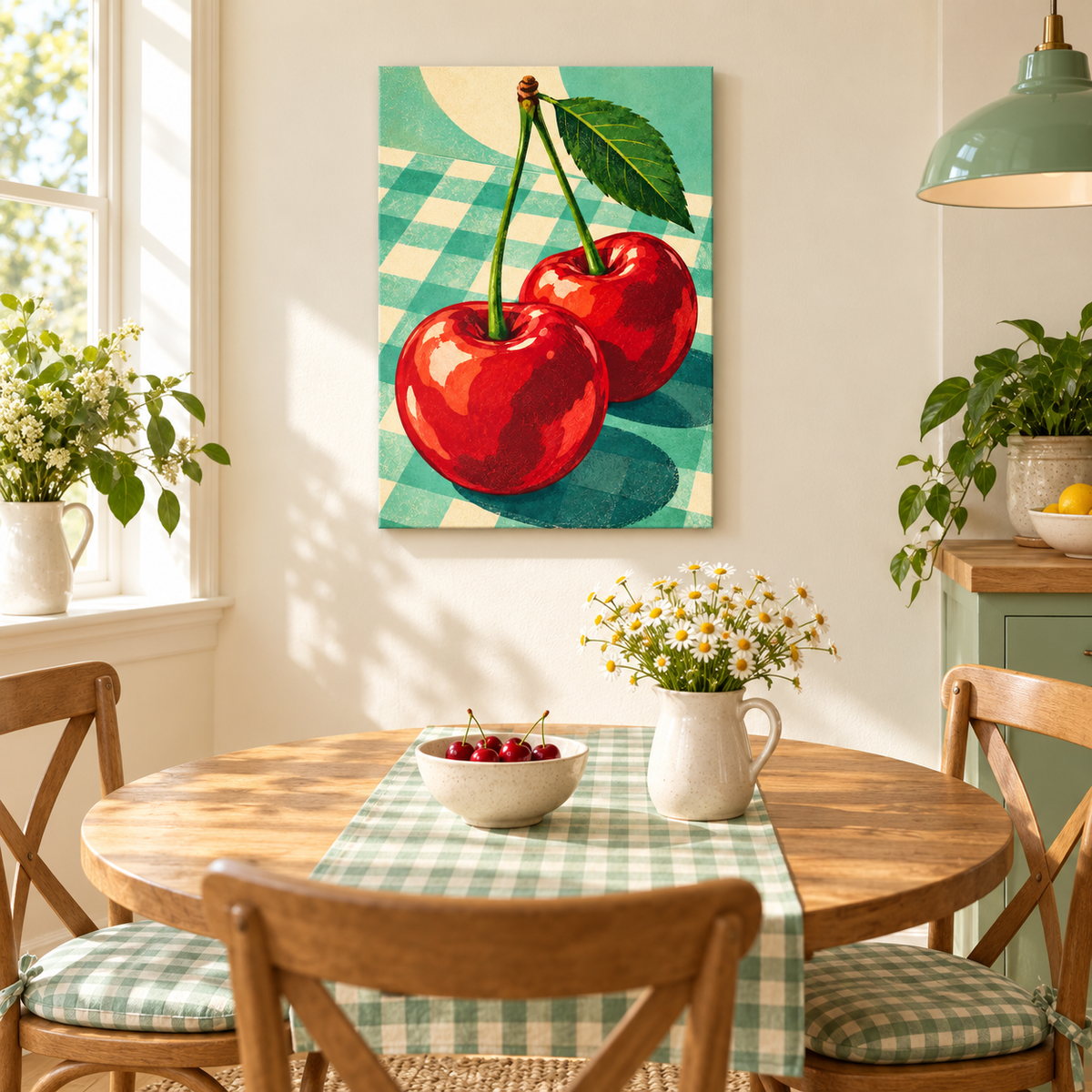 Two Red Cherries on Checkerboard — Brown Frame room scene | AUSJOJO