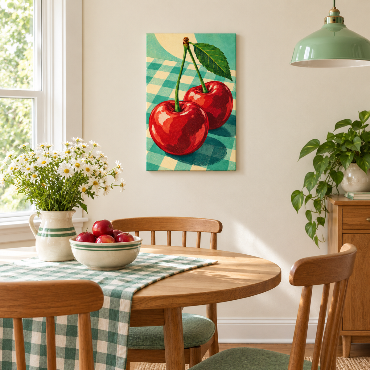 Two Red Cherries on Checkerboard — Stretched Canvas room scene | AUSJOJO