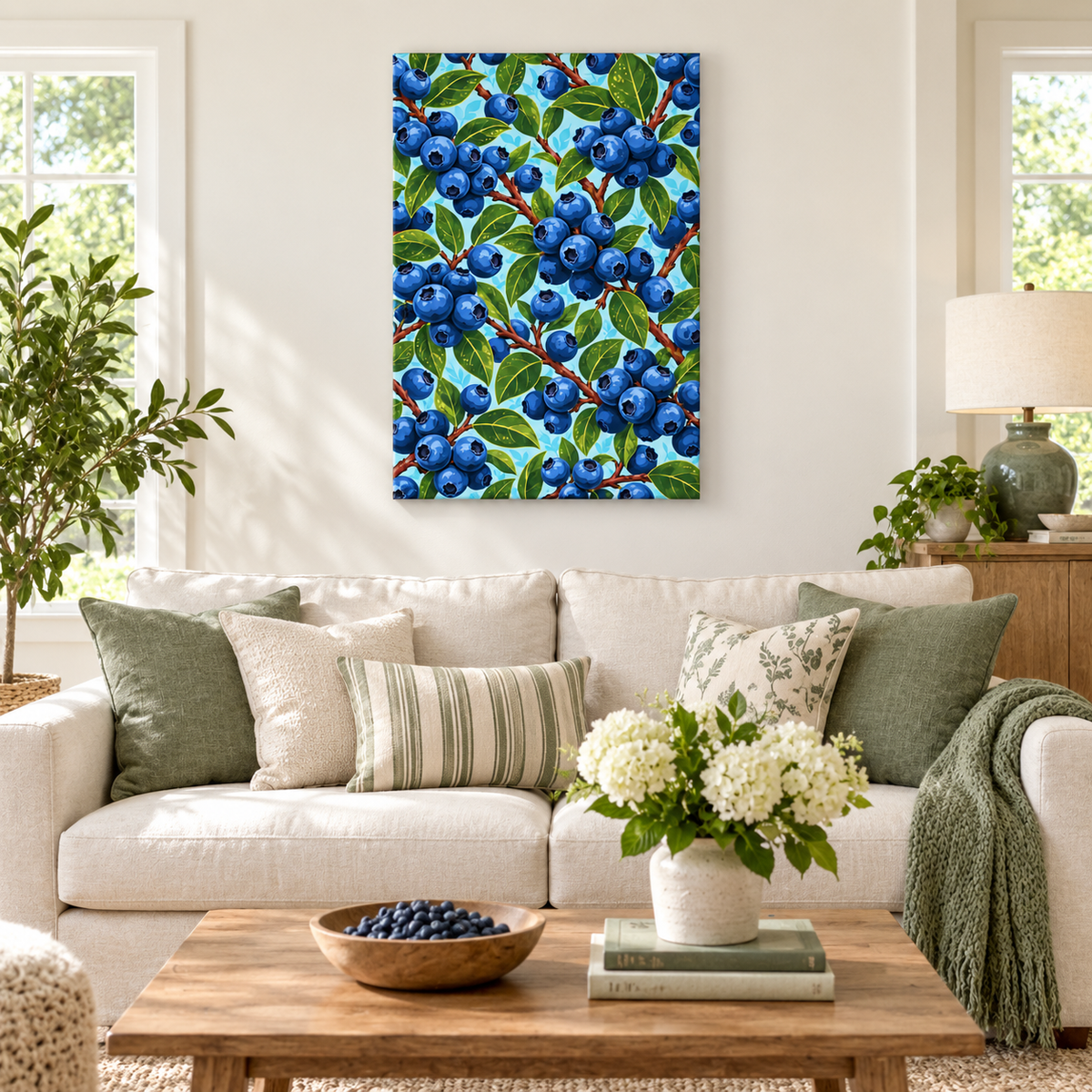 Dense Blueberry Branch Pattern — Black Frame room scene | AUSJOJO