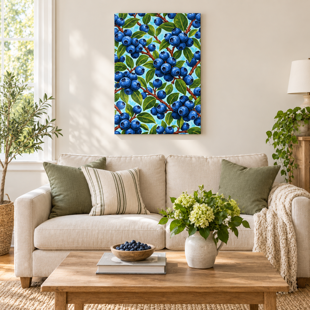Dense Blueberry Branch Pattern — Brown Frame room scene | AUSJOJO