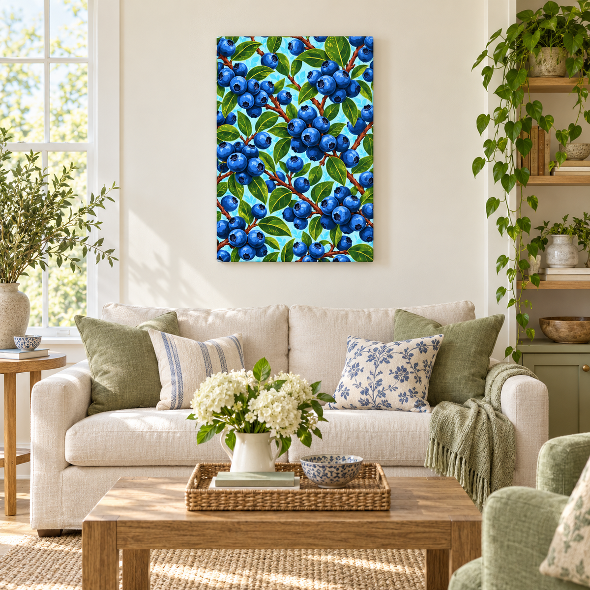Dense Blueberry Branch Pattern — Stretched Canvas room scene | AUSJOJO