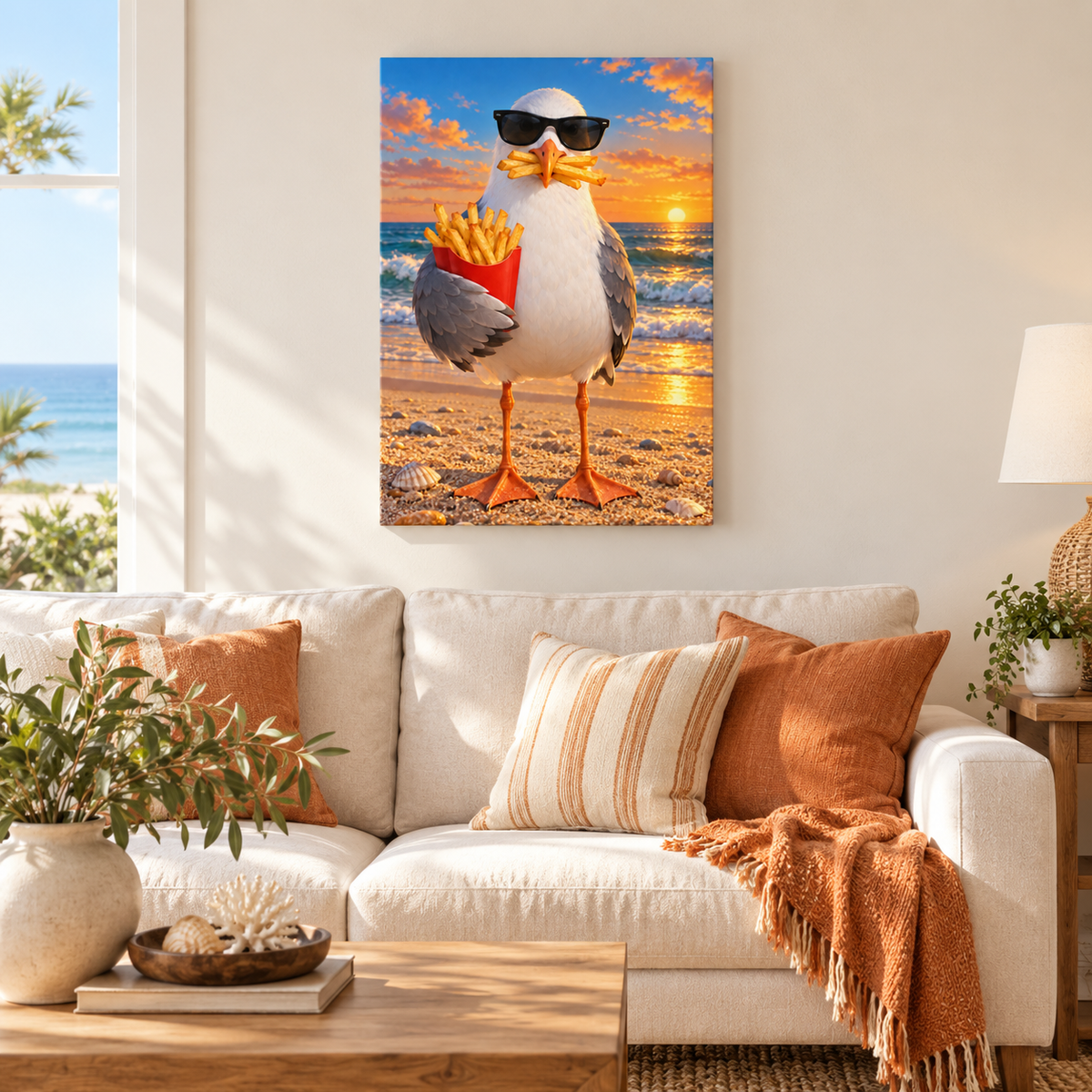 Sunglasses Seagull with French Fries — Brown Frame room scene | AUSJOJO