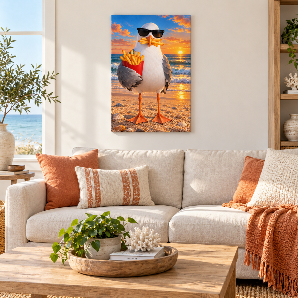 Sunglasses Seagull with French Fries — Stretched Canvas room scene | AUSJOJO