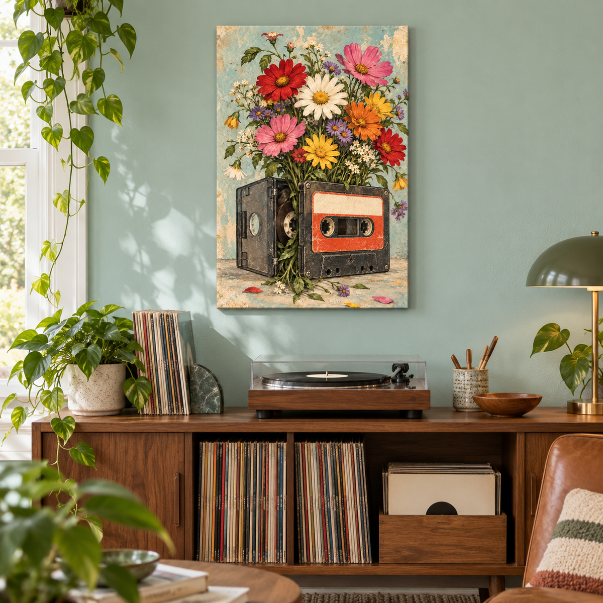 Vintage Cassette Flower Vase — Black Frame room scene | AUSJOJO