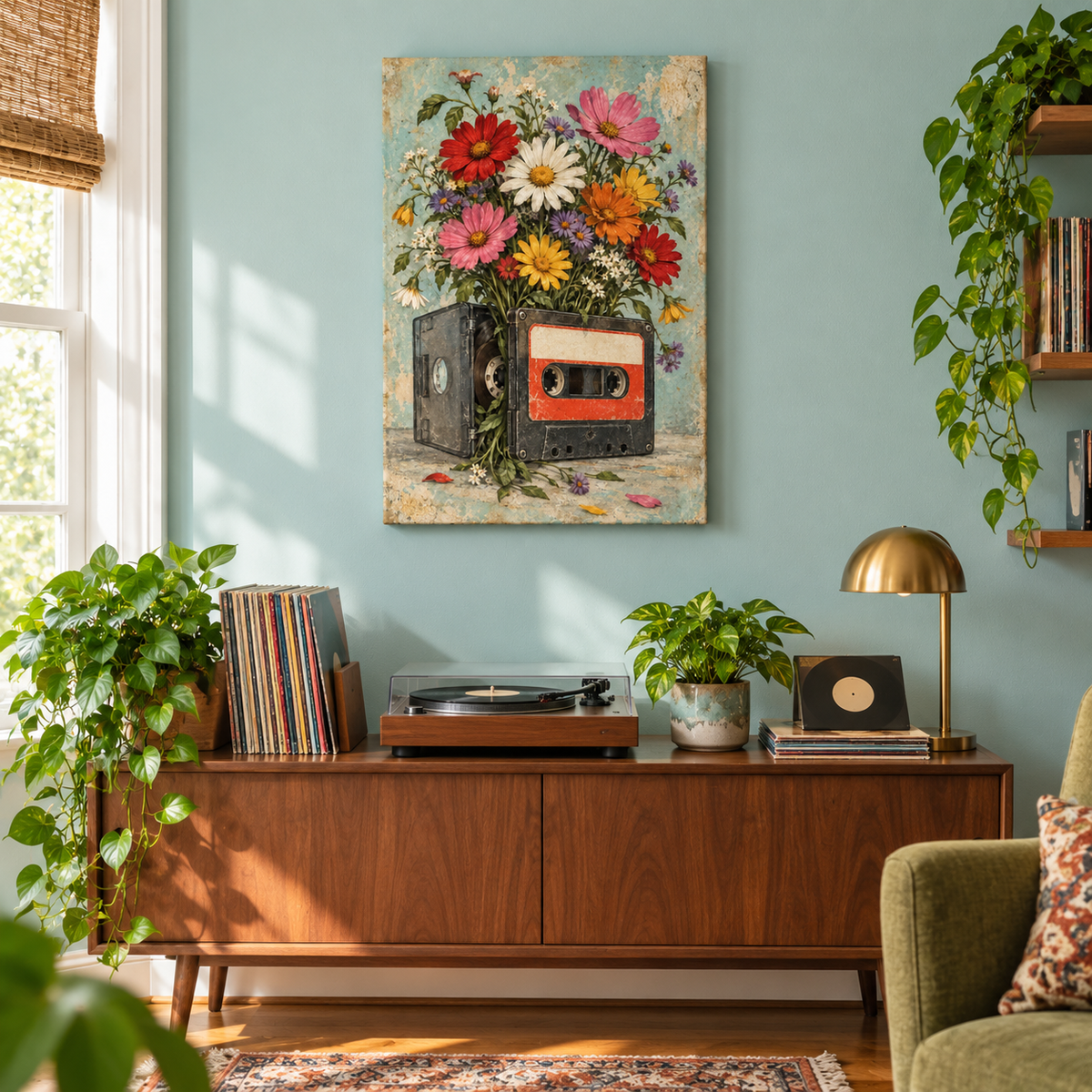 Vintage Cassette Flower Vase — Stretched Canvas room scene | AUSJOJO
